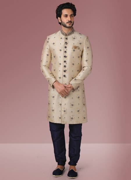 Blue Colour Heavy Wedding Wear Jacquard Banarasi Latest Indo Western Mens Collection 1113